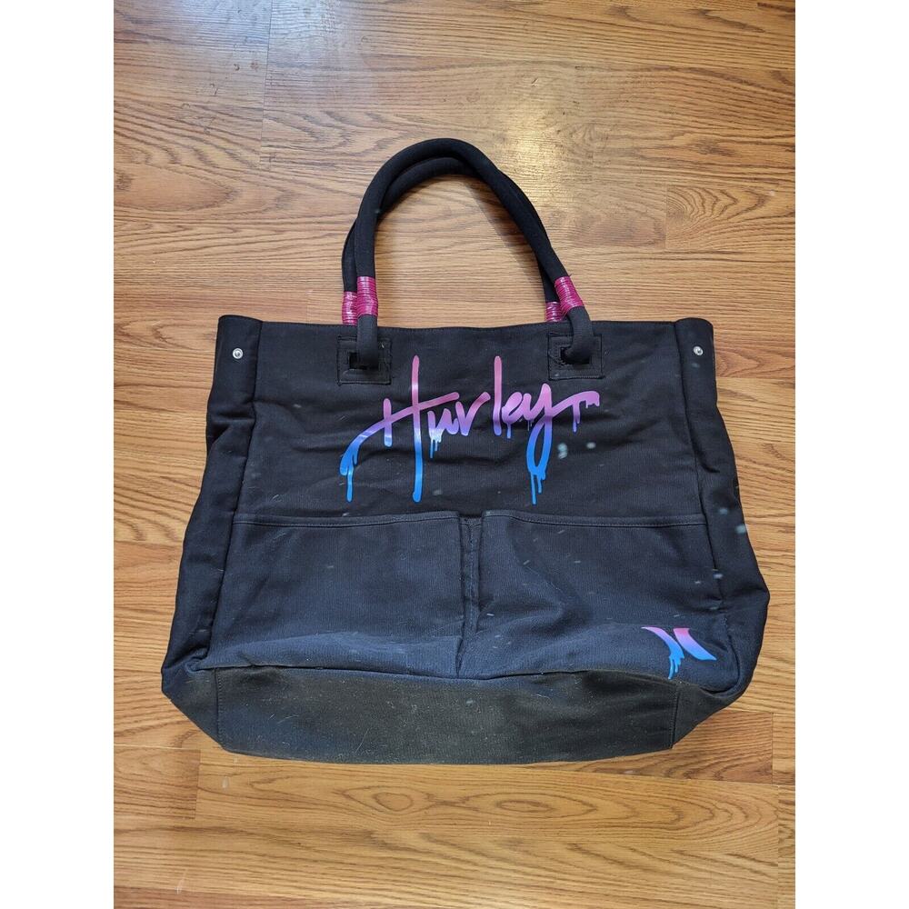 Vtg Hurley Extra Large Amazing Canvas Tote Bag Black with Adjustable Snap Sides